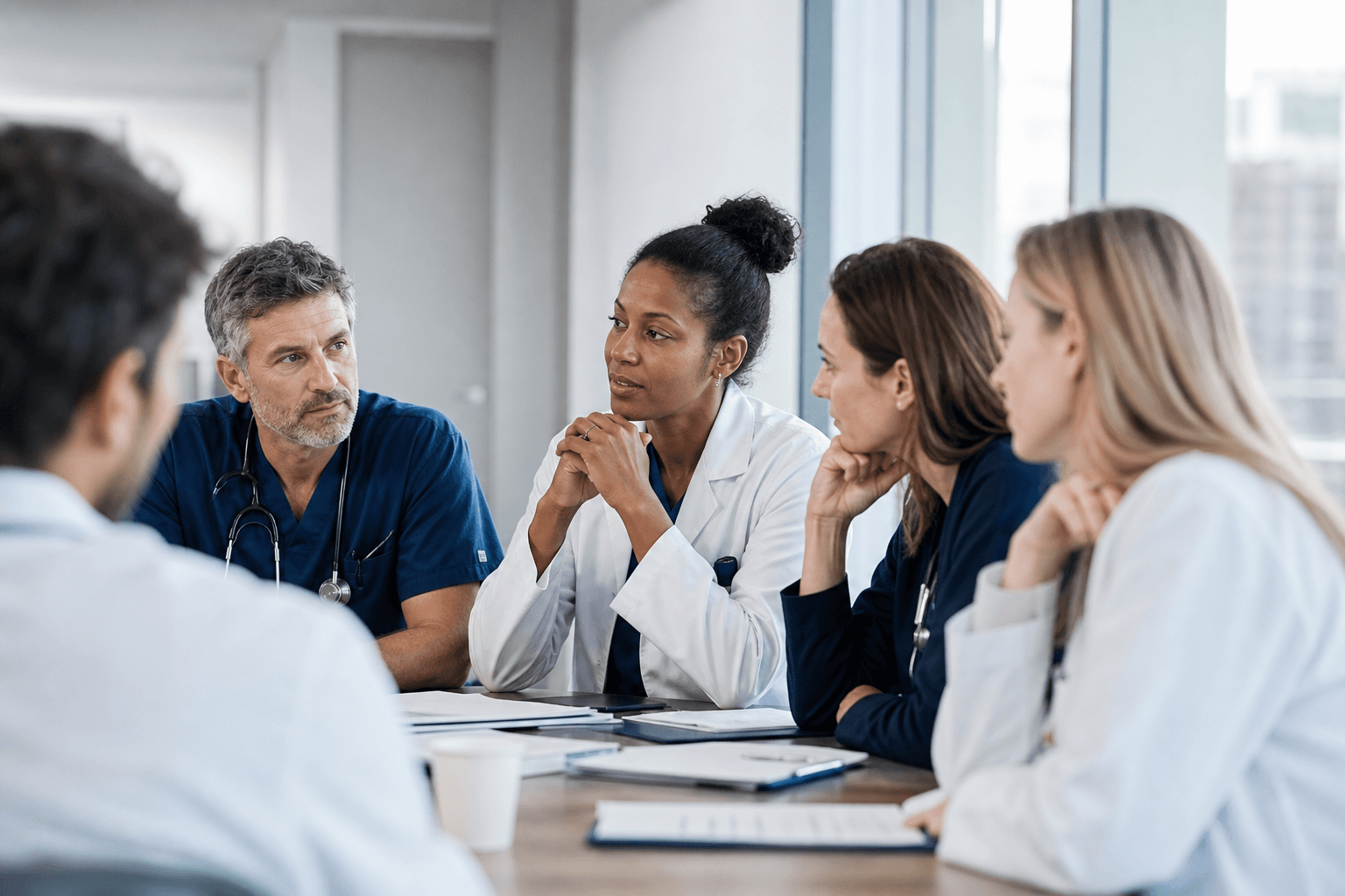 Équipe médicale en réunion de staff dans un établissement de santé