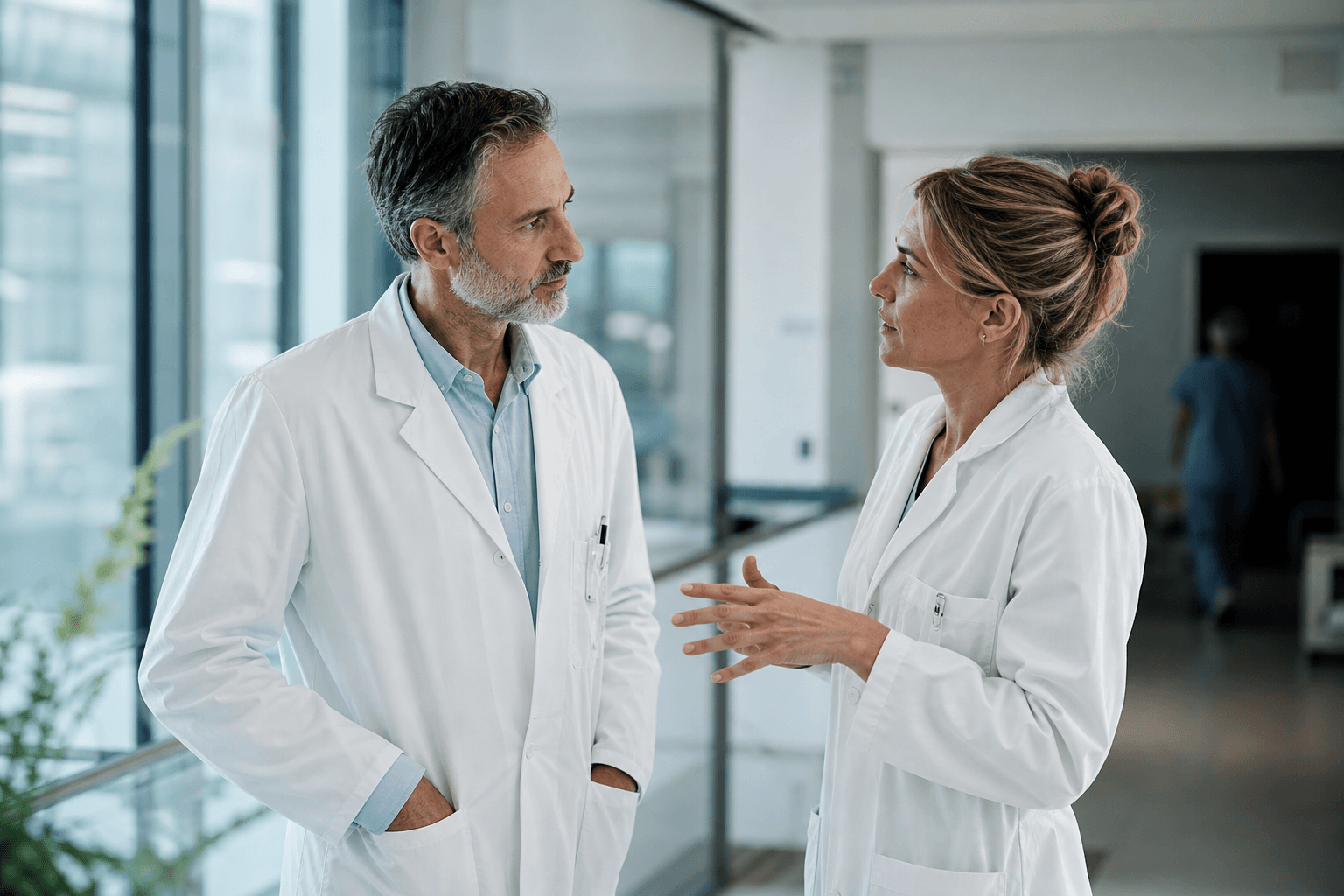 Deux médecins échangeant dans un hôpital